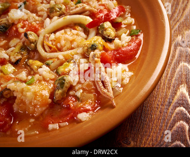 Paella Valenciana.traditional spanische Paella mit Meeresfrüchten Stockfoto