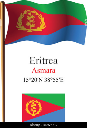 Bild enthält gewellte Fahne Eritrea und Koordinaten vor weißem Hintergrund, Vektor-Illustration Kunst, Transparenz Stockfoto