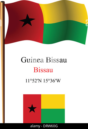 Guinea-Bissau gewellte Fahne und Koordinaten vor weißem Hintergrund, Vektor-Illustration Kunst, enthält Bild Transparenz Stockfoto