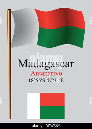 Bild enthält gewellte Madagaskar Flagge und Koordinaten vor grauen Hintergrund, Vektor-Illustration Kunst, Transparenz Stockfoto