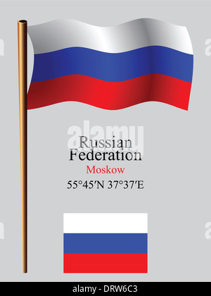 Russischen Föderation gewellte Fahne und Koordinaten vor grauen Hintergrund, Vektor-Illustration Kunst, enthält Bild Transparenz Stockfoto