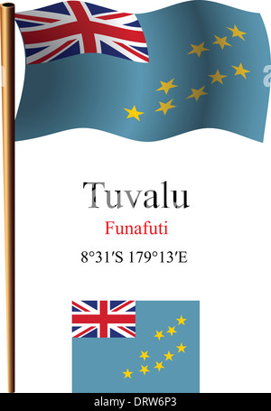 Bild enthält gewellte Flagge Tuvalu und Koordinaten vor weißem Hintergrund, Vektor-Illustration Kunst, Transparenz Stockfoto