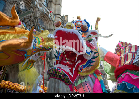 Manchester, UK. 2. Februar 2014. Tausende von Menschen geben Sie Manchester Stadtzentrum um Chinese New Year 2014 (das Jahr des Pferdes), feiern die begann mit einer Parade in Albert Square, geführt von einem 175 ft lang Drachen von Meister Chu Löwen Dancing Club Credit betrieben: Russell Hart/Alamy Live News. Stockfoto