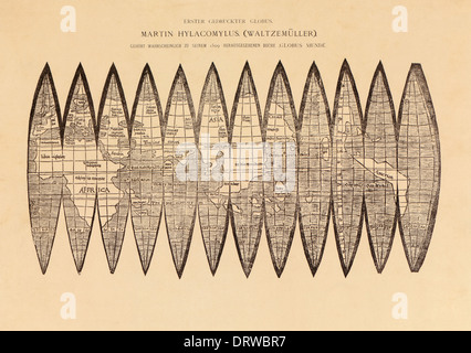 Martin Waldseemüller (1470-1520) deutsche Kartograph globale gores Holzschnitt-Abbildung von Globus Mundus 1509. Stockfoto