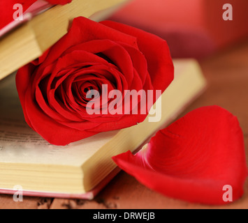 romantische Stillleben Buch und rote Rose auf hölzernen Hintergrund Stockfoto