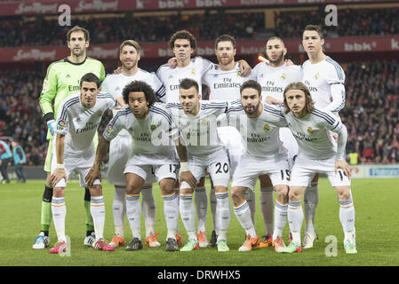 Bilbao, Spanien. 2. Februar 2014. Real Madrid-Team während Fußball-Liga BBVA entsprechen Athletic Club Vs Real Madrid an San Mames Stadion gespielt Basc Land, Spanien am 2. Februar 2014. Foto: Ortzi Omenaka / Urbanandsport / Kredit-NurPhoto: Ortzi Omenaka/NurPhoto/ZUMAPRESS.com/Alamy Live-Nachrichten Stockfoto