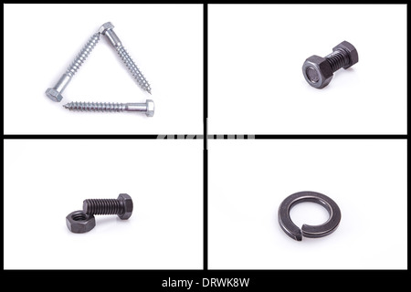 Schraube, Mutter, Nagel und metallische Ringe, Hardware-Satz Stockfoto