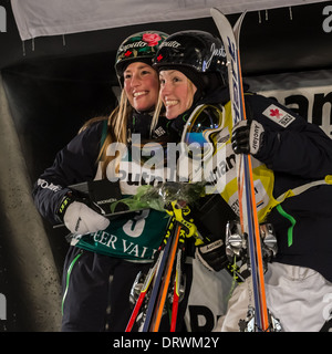 Chloe DuFour-LaPointe (L) und Justine DuFour-LaPointe (R) Podium bei FIS Freeski WM 2014 Stockfoto