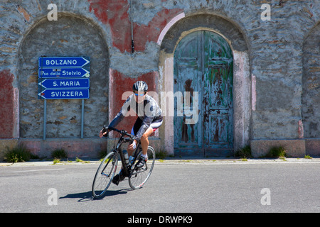 Radsportler, britische Scott-Bike geht Wegweiser auf der Stelvio Pass, Passo Dello Stelvio, Stilfser Joch, in Norditalien Stockfoto