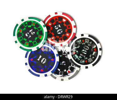 Draufsicht der Pokerchips auf weißem Hintergrund Stockfoto