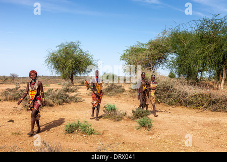 Junge Frauen von der Hamer Stamm, Hamer Dorf in der Nähe von Turmi, Omo-Tal, Äthiopien Stockfoto