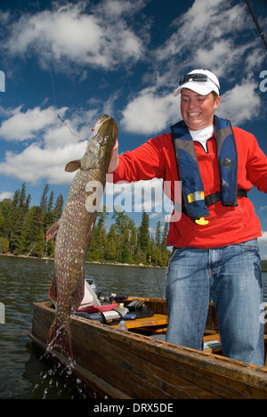 Angler hält einen großen Hecht über die Seite des Bootes gefangen in einem See im Norden von Ontario Stockfoto