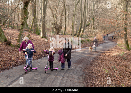 Mehrgenerationenfamilie in Großbritannien; drei Generationen von Frauen in einer Familie, die im Wald unterwegs ist, Burnham Beeches, Burnham, Buckinghamshire, Großbritannien Stockfoto