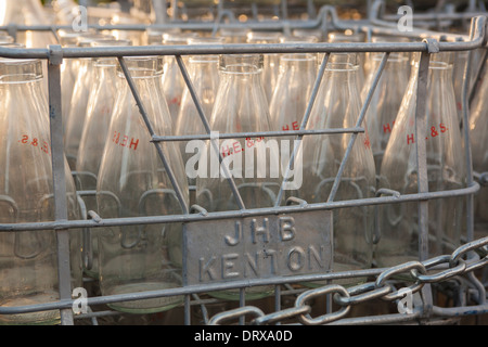 Draht-Kiste mit alten Milchflaschen Stockfoto