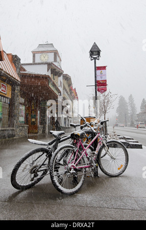 Schneebedeckte Fahrräder bei einem Schneegestöber in der Hauptstraße in Banff, Alberta, Kanada Stockfoto