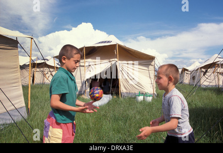 UNHCR-Flüchtlingslager in Albanien für Kosovo-Flüchtlinge, die den Kosovo-Krieg 1999 geflohen Stockfoto