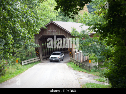 Staatlichen Brücke von 97.000 Fuß des südlichen Kiefern- und Eichenwälder, kreuzt Conneaut Creek, Ashtabula County, Ohio. Stockfoto