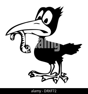 Abbildung der lustige Krähe mit einem Wurm im Schnabel. Stockfoto