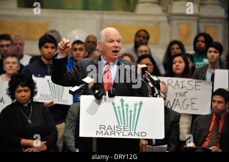 Baltimore, Maryland, USA. 3. Februar 2014. Senator BENJAMIN CARDIN, D -MD, spricht auf einer Kundgebung mit Glauben Führer Erhöhung des Mindestlohns in seinem Staat zu unterstützen. Gouverneur von Maryland, hat Martin O'Malley Erhöhung der staatlichen Mindestlohns auf $10.10 eine Stunde bis 2016 oberste Priorität für seine letzte Legislaturperiode, einschließlich eines Vorschlags, künftige Erhöhungen um Inflation zu binden. Bildnachweis: Jay Mallin/ZUMAPRESS.com/Alamy Live-Nachrichten Stockfoto