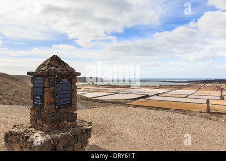 Hinweisschild für 19. Jahrhundert Salzbergwerk Salinas de Janubio produzierenden Meersalz auf Westküste von Lanzarote-Kanarische Inseln-Spanien Stockfoto