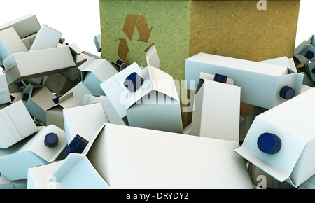 Karton mit Recycling-Zeichen auf Vorderseite Stockfoto