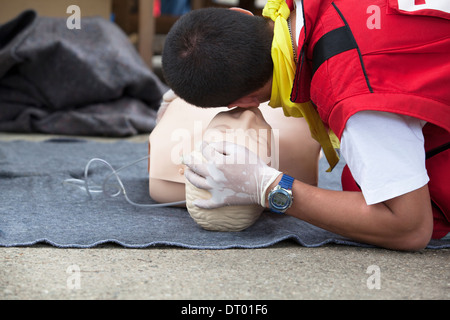 CPR-Praktiker Airways an Dummy Prüfung Stockfoto