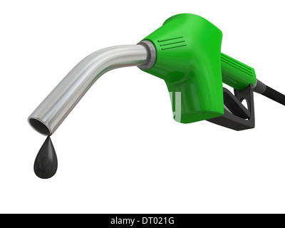 Close-up Illustration des grünen Kraftstoff-Pumpe-Düse mit Öl fallen isolierten auf weißen Hintergrund Stockfoto