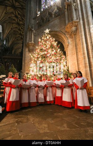 ELY KATHEDRALE MÄDCHENCHOR PROBEN FÜR DIE CHRISTMAS CAROL SERVICE. Stockfoto