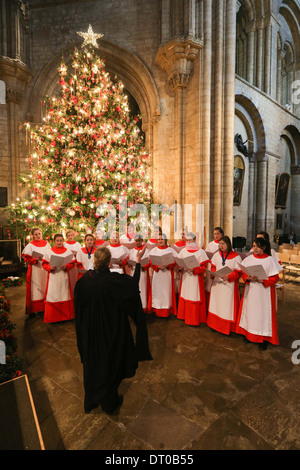 ELY KATHEDRALE MÄDCHENCHOR PROBEN FÜR DIE CHRISTMAS CAROL SERVICE. Stockfoto