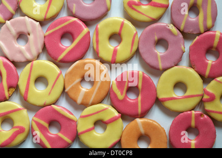 bunte Ausbreitung des Fuchses Mini Party Ringe Kekse setzen auf weißem Hintergrund Stockfoto