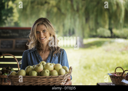 Woodstock New York USA Bio Bauern junge Frau hält Korb Äpfel Stockfoto