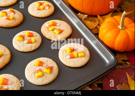 Pan von Cookies dekoriert mit Hühneraugen Süßigkeiten für Halloween Stockfoto