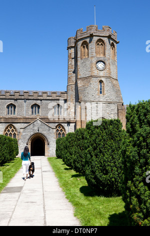 Frau zu Fuß Hund Weg vor St Michaels Kirche, Somerton, Somerset Stockfoto