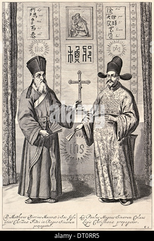 Jesuiten-Mission nach China, Kupferstich von Athanasius Kircher (1602-1680) von Matteo Ricci und Paulus Li aus China illustriert 1667. Stockfoto