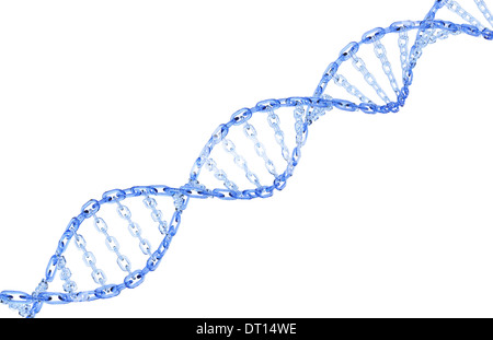 Gläserne Kette bilden einen gewundene DNA-Strang isoliert auf einem weißen Hintergrund. Stockfoto