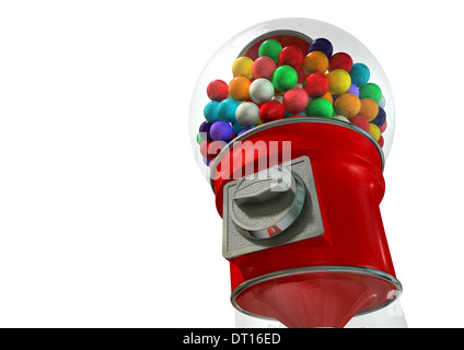 Eine normale rote Vintage Gumball Dispenser Maschine mit Chrom-Applikationen gefüllt mit bunten Kaugummikugeln Stockfoto