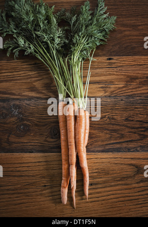 Eine kleine Gruppe von Karotten mit grünen grünen Spitzen frisch geernteten liegend auf einer Tischplatte Stockfoto