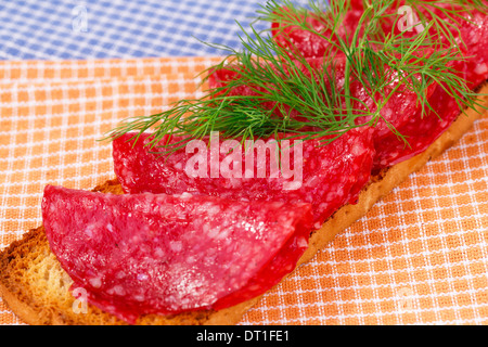 Sandwich mit Salami und Dill isoliert auf Küchentücher. Stockfoto