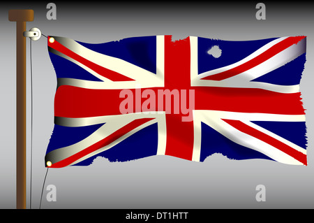 Die britische Union Flag oder Union Jack Verwendung an Bord eines Schiffes, durch Kanonen und Musketen Kugel-Feuer beschädigt. Stockfoto
