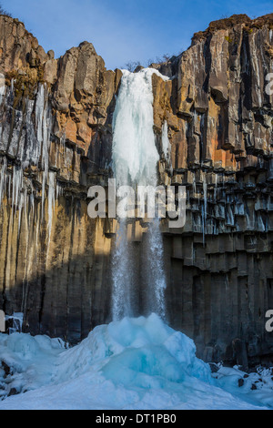 Svartifoss (Black Falls) im Winter, Skaftafell, Vatnajökull-Nationalpark, Island Svartifoss ist umgeben von Basaltsäulen. Stockfoto