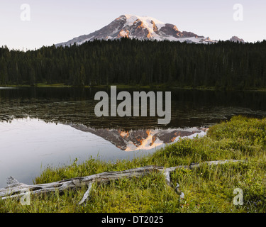 Blick auf Mount Rainier von Reflection Lakes im Morgengrauen in Mount Rainier Nationalpark Stockfoto