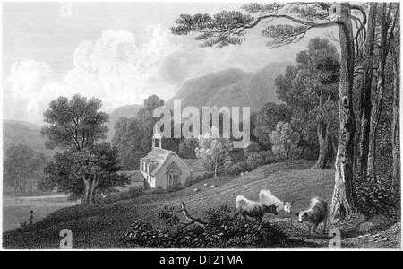 Gravur mit dem Titel "Llantisilio Kirche, Vale von Llangollen, Denbighshire" scanned at high Res aus einem Buch erschien 1830 Stockfoto