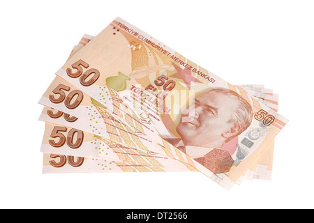 Türkische Lira 50 Notizen aufgefächert auf weißem Hintergrund. Stockfoto