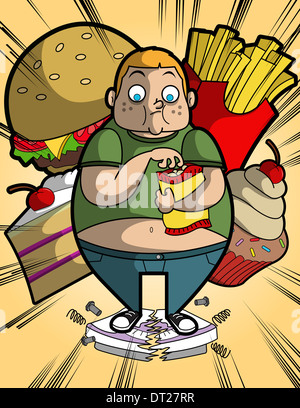 Abbildung von übergewichtigen jungen Essen auf defekte Waage stehend Stockfoto