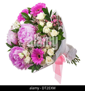 Strauß aus Peon und Gerbera Blumen und Rosen isoliert auf weißem Hintergrund. Closeup. Stockfoto