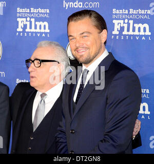 6. Februar 2014 präsentiert The Santa Barbara International Film Festival, Regisseur Martin Scorsese und Schauspieler Leonardo DiCaprio mit dem Kino Vanguard Award. Stockfoto