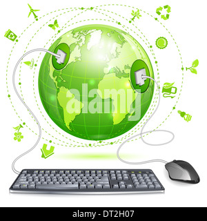 Maus und Tastatur angeschlossen zur Erde mit Umwelt-Ikonen, Abbildung, isoliert auf weißem Hintergrund Stockfoto