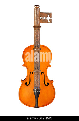 Kombiniertes Bild aus einem rostigen Schlüssel und ein Vintage Violine Stockfoto