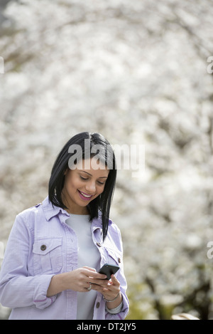 Frühling Park in New York City weiß blühen an den Bäumen eine junge Frau ihr Handy überprüfen und lächelnd Stockfoto