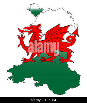Gliederung von Wales mit dem walisischen Drachen isoliert auf weiss Stockfoto